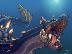 1girls aquatic_dragon capcom dragon female female_prey hexadec imminent_vore lagiacrus monster monster_hunter oral_vore underwater vore