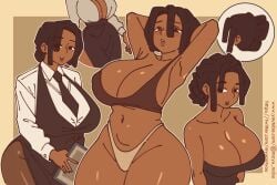 1girl 1girls 2d 2d_(artwork) 2d_artwork armpits background beautiful black_tie black_topwear blush boob_window breasts brown_background brown_eyes brown_skin color dark-skinned_female dreadlocks dreads female grey_shirt hands_above_head hands_behind_head large_breasts looking_at_viewer mayu_naisu menu multiple_outfits multiple_poses multiple_views no_sex oc original original_character overboob shiny_skin side_view skirt stockings suit suit_and_tie thick thick_legs thick_thighs tie tied_hair tights voluptuous voluptuous_female waitress_outfit waitress_uniform white_panties