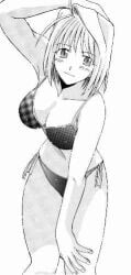 arcueid_brunestud arm_behind_head armpits artist_request bare_arms bikini breasts cleavage female greyscale hand_in_own_hair looking_at_viewer monochrome short_hair side-tie_bikini_bottom simple_background solo source_request swimsuit tsukihime white_background
