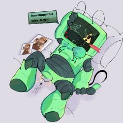 antenna bed charger crying dandy's_world electricity green_body green_eyes hand_on_head idk_what_to_tag_it metalic_skin microphone pillow robot_girl screen_face shelly_(dandy's_world) tears tv_head tv_screen vee_(dandy's_world)
