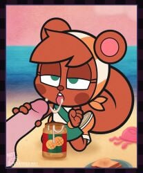 1boy 1boy1girl 1girls anthro beach bread brown_body brown_fur cum cum_on_tongue female green_eyes green_skirt handjob human human_on_anthro jellyfish male mitzi_(ajmarekart) murphy_and_mitzi open_mouth penis tagme tongue tongue_out