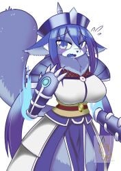 1girls 2d 2d_(artwork) 5_claws animal_ears armor armored_female artist_name bamangojuice big_tail blue_eyes blue_flame blue_hair blue_mouth blue_tongue blush blushing blushing_female chinese_text claws clothed clothing colored_text covered_body detached_arm eyebrows eyebrows_visible_through_hair eyelashes eyelashes_visible_through_hair fabric female female_only floating floating_arms fox_symbol fur fur_collar furry furry_female headwear lana_(bamangojuice) long_hair long_tail looking_at_viewer mango metal metal_arm mouth mouth_open multicolored_clothes multicolored_clothing multicolored_fur multicolored_text no_sex nose original original_character pointy_horn robotic_arm simple_background sweatdrop symbol-shaped_pupils tagme text thick thick_tail white_background