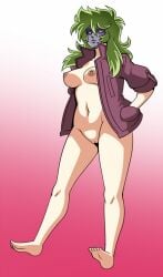 1girls breasts feet female green_hair hands_in_pockets hyoumaru jacket jacket_open long_hair mask mostly_nude open_jacket ophiuchus_shaina partially_clothed pussy saint_seiya saint_seiya_omega silver_saints soles solo thighs