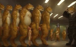 5_fingers 5_toes anthro ball_size_difference balls bathing casual_nudity claws clothed clothed/nude clothed_anthro clothed_male clothing digitigrade extreme_size_difference face_in_ass feet felid finger_claws fingers flaccid genitals gesture group group_shower hi_res human humanoid_genitalia humanoid_penis larger_anthro larger_male light_body light_skin male male/male mammal musclegut muscular muscular_anthro muscular_male nipples nude nude_anthro nude_human nude_male orcfun pantherine pecs penis penis_size_difference pink_nipples pink_penis salute shower showering size_difference smaller_human smaller_male standing tiger toe_claws toes uniform water