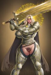 ai_assisted ai_generated armor bimbo_knight female female_focus female_only gold_(metal) gold_headband greyscaler headband heavy_armor holding_weapon holy_aura huge_weapon knight mind_control paladin solo solo_female world_of_lust:_the_spire