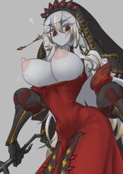 1girls blazing_cartesia_the_virtuous breasts breasts_popping_out confusion dress duel_monster female fully_clothed functionally_nude grey_skin habit large_breasts long_hair looking_at_viewer looking_down nbo_1919 pale_skin simple_background yu-gi-oh!