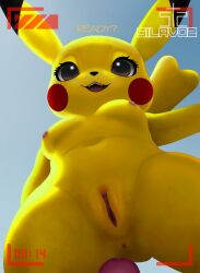 anthro anus breasts brown_eyes clitoris duo female generation_1_pokemon genitals hi_res imminent_sex looking_at_viewer looking_down low-angle_view male male/female mammal navel nintendo nippel open_mouth penis pikachu pokemon pokemon_(species) pussy recording rodent silavos sky smile spread_pussy spreading teeth text watermark yellow_body