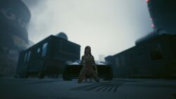 3d cyberpunk_2077 game_screenshot nipples no_source nude nude_female on_knees pose pussy screenshot v_(cyberpunk_2077) valerie_(cyberpunk_2077) vehicle