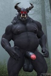 3d ai_generated bearded big_balls black_cock black_fur creature fantasy foreskin forest furry_body gay glowing_eyes goatee handsome himbo horny hunky large monstrous muscular_build old_male penis red_eyes saggy_balls sharp_fangs sharp_horns solo strong