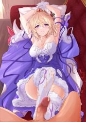 1boy after_ejaculation armpits blonde_hair blue_cape blue_dress blue_eyes breasts cape couch cum dress europa_(granblue_fantasy) europa_(holiday)_(granblue_fantasy) female fur-trimmed_cape fur-trimmed_dress fur-trimmed_gloves fur-trimmed_thighhighs fur_trim gloves granblue_fantasy looking_at_viewer lying medium_hair official_alternate_costume on_couch open_mouth penis pov ryuu-tan_(miuron) teeth thighhighs tiara upper_teeth_only white_gloves white_thighhighs