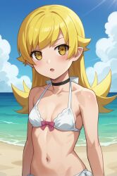 ai_generated bare_shoulders beach bikini blonde_hair blue_sky blush breasts choker cloud collarbone day eyebrows_visible_through_hair female long_hair navel ocean oerba_yun_fang open_mouth oshino_shinobu outdoors pointy_ears sky small_breasts solo swimsuit water yellow_eyes
