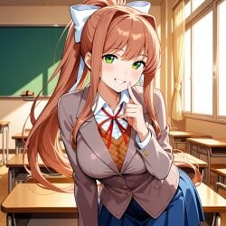 1girls ai_generated bent_over brown_hair classroom clothed clothes clothing doki_doki_literature_club female flirting flirting_look flirting_with_viewer flirty green_eyes hair hair_bow hair_ribbon lewdio long_hair looking_at_viewer monika_(doki_doki_literature_club) solo solo_female teasing white_bow