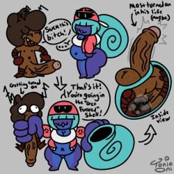 1boy 1girls annoyed antennae_(anatomy) artist_name ass backwards_baseball_cap balls bandage belly belly_button black_sclera blue_body blue_eyes blue_hair blush bodily_fluids bottomless bottomless_female breasts brown_body brown_hair bug cap chubby chubby_female cleavage cockroach dialogue english_text erection eyelashes eyestalks fat female gastropod glory_hole grey_background hat insects instant_loss jacket lip_piercing looking_at_viewer male mole mole_under_eye motion_lines naked navel nipples nude nude_male open_jacket original original_character penis sharp_teeth shell short_hair signature simple_background small_but_hung smug snail speech_bubble stuck sweat tank_top testicles text thick_thighs toni_oni zaldenvire