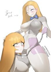 2girls alternate_version_available bangs big_breasts biting_lip blonde_hair blonde_hair blue_bowtie blush bodysuit bowtie breast_press chains clothed clothing costume covered_navel covered_nipples female five_nights_at_freddy's five_nights_at_freddy's:_security_breach glitchtrap_possession gloves grabbing_head green_eyes hand_on_head imminent_sex kaonicdogmen leash leash_pull looking_away navel no_bra_under_clothes patches pulling_leash purple_eyes questionable_consent selfcest stitch_(sewing) stitches suggestive thick_thighs vanessa_(fnaf) vanny_(fnaf) white_background wide_hips yuri