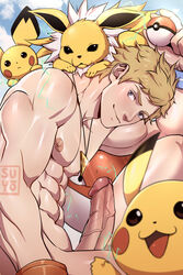 1boy abs bara big_penis blonde_hair canine eeveelution electricity erection furry holding human jolteon looking_at_viewer male male_only muscles muscular muscular_male nintendo nipples nude penis pikachu pokémon_(species) poke_ball pokemon pokemon_(species) pokemon_go rodent short_hair size_difference smile solo spark_(pokemon) suyohara veins veiny_penis voltorb yaoi