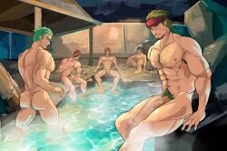 5boys abs absurdres armpit_hair armpit_hair_peek ass bara barst_(fire_emblem) blonde_hair blue_hair chest_hair comic commission completely_nude dieck_(fire_emblem) dunbans eyepatch facial_hair fire_emblem fire_emblem:_mystery_of_the_emblem fire_emblem:_the_binding_blade fire_emblem:_the_sacred_stones fire_emblem_echoes:_shadows_of_valentia flaccid gay gerik_(fire_emblem) goatee green_hair highres honestly_quite_incredible in-franchise_crossover jesse_(fire_emblem) large_pectorals male male_focus male_only male_pubic_hair males_only men_only multiple_boys muscular muscular_male nipples nude onsen paradise pectorals penis pubic_hair saber_(fire_emblem) scar scar_on_face short_hair sitting variant_set