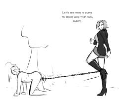 1boy 1girls balls boot_fetish boots celera_prime dominant_female female femdom leash leashed_balls leashed_genitals leashed_to_genitals male outside pain screaming submissive_male tagme