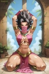 ai_generated armpits arms_above_head arms_behind_head arms_up athletic athletic_female black_eyes black_hair caulifla dragon_ball dragon_ball_super female female_focus fit fit_female harem_outfit jewelry kneeling legs_apart legs_spread looking_at_viewer muscular muscular_female solo solo_female solo_focus spreading_legs thick_thighs veil zerolayer