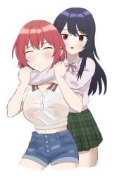 2girls artist_request brown_hair catfight choke_hold choking drooling ear_piercing jean_shorts long_hair nipples nipples_visible_through_clothing original original_characters red_hair ryona short_hair simple_background skirt struggling wet_clothes white_background