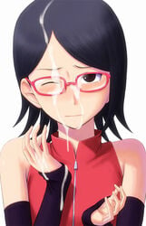 1girls black_eyes black_hair blush bonnie_(rsg) cum cum_in_hands cum_on_glasses cum_on_hair detached_sleeves facial female glasses long_sleeves looking_at_viewer naruto nose_blush one_eye_closed pink-framed_eyewear red-framed_eyewear sarada_uchiha short_hair solo tears upper_body wince zipper