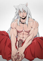 1boy animal_ears bara barefoot clothed clothed_erection erection hakama inuyasha inuyasha_(character) long_hair male male_only muscles muscular muscular_male penis silver_hair sitting solo suyohara tagme topless