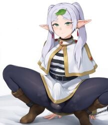 1futa ai_generated blush bound bulge bulge_through_clothing capelet chains closed_mouth earrings elf erection_under_clothes female frieren futanari green_eyes jewelry long_hair looking_at_viewer pointy_ears racerai solo sousou_no_frieren spread_legs squatting striped twintails
