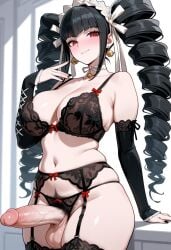1futa ai_generated arm_gloves black_hair black_lingerie blush bra celestia_ludenberg danganronpa danganronpa:_trigger_happy_havoc futa_only futanari garter_belt garter_straps goth horny lingerie maos panties stockings
