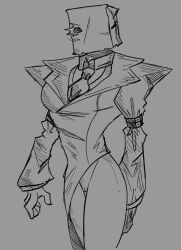 1boy 1cuntboy bag bag_over_head breasts colorless cuntboy cuntboy_focus cuntboy_only doctor faust_(guilty_gear) guilty_gear half-dressed intersex male male_breasts male_focus male_only no_color paper_bag pussy solo solo_cuntboy solo_male thigh_gap thighs thin_waist tie top_heavy vagina