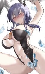 angry areola_slip arknights bunnysuit ch'en_(arknights) female female_only money otsumami_(02mami)