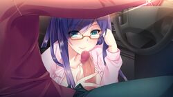 bug_system censored game_cg glasses green_eyes haze_man_-_the_local_hero_- kyou_(kurifuto) long_hair mikazuki_touko open_shirt penis purple_hair