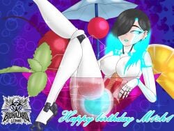 artificial_vagina biohazardleonar black_hair blue_eyes cocktail cyborg drinking ear_piercing glowing glowing_eyes glowing_hair hair_covering_eye lipstick m1sh1(biohazardleonar) makeup nipples piercing piercings robot_girl robotic_arms robotic_body robotic_legs shiny