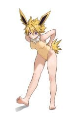 1girls 2d animal_ears barefoot bodysuit clothed cosplay digital_media feet female female_only full_body hand_on_hip jolteon leaning_forward light-skinned_female light_skin looking_at_viewer nipple_bulge nipples_visible_through_clothing painted_toenails pokemon purple_eyes short_hair short_tail simple_background small_breasts solo spiked_tail spiky_hair tail white_background yellow_bodysuit yellow_fur yellow_hair