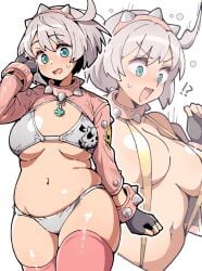 adapted_costume bikini bracelet elphelt_valentine female fingerless_gloves gloves grey_hair guilty_gear guilty_gear_strive hairband highres itsuka_neru jewelry navel plump shrug_(clothing) slingshot_swimsuit spiked_bracelet spiked_hairband spikes stomach sweatdrop swimsuit thick_thighs thighhighs thighs