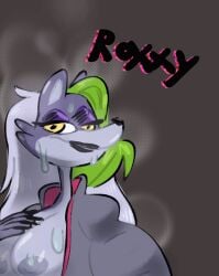 animatronic areola breasts dark_lips dark_lipstick exposed_breasts five_nights_at_freddy's five_nights_at_freddy's:_security_breach furry green_hair grey_body grey_fur grey_hair grey_jacket lipstick purple_eyeshadow roxanne_wolf_(fnaf) solo sweat sweatdrop sweaty_breasts sweaty_face