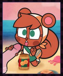 1boy 1boy1girl 1girls anthro beach bread brown_body brown_fur female green_eyes green_skirt handjob human human_on_anthro jellyfish male mitzi_(ajmarekart) murphy_and_mitzi open_mouth penis tagme