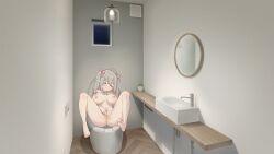 absurdres anus barefoot bow breasts ceiling_light closed_mouth commentary_request completely_nude feet female grey_hair hairbow highres indoors large_breasts long_hair masturbation mirror multiple_hair_bows niliu_chahui nipples nude original pointy_ears pussy sidelocks sitting solo toes toilet