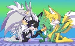 accipitrid accipitriform angelofhapiness anthro anthro_on_anthro anthro_penetrated anthro_penetrating anthro_penetrating_anthro anthro_penetrating_male avian balls bed bird black_body black_fur blue_eyes blush canid canine canis eulipotyphlan eye_scar facial_scar feathers fox from_behind_position fur furniture genitals green_body green_feathers grey_body grey_fur group group_sex hair hand_holding hedgehog humanoid_genitalia humanoid_penis infinite_(sonic) infinite_the_jackal jackal jet_the_hawk male male/male male_anthro male_penetrated male_penetrating male_penetrating_anthro male_penetrating_male mammal multi_tail on_bed parallel_sex penetration penis reach_around scar sega sex silver_the_hedgehog sonic_(series) sonic_forces sonic_riders sonic_the_hedgehog_(series) tail tails tails_the_fox white_body white_fur white_hair yellow_body yellow_eyes yellow_fur