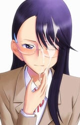 asymmetrical_bangs bangs blazer bonnie_(rsg) clothing cum cum_in_hands cum_on_glasses cum_on_hair facial female glasses heartcatch_precure! jacket long_hair looking_at_viewer myoudou_gakuen_high_school_uniform one_eye_closed precure pretty_cure purple_eyes purple_hair ribbon rimless_eyewear solo swept_bangs upper_body white_background yuri_tsukikage