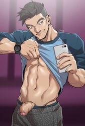 1boy bara camera craig_cahn dream_daddy:_a_dad_dating_simulator flaccid flaccid_penis foreskin human male male_only mirror muscles muscular muscular_male navel partially_clothed penis phone presenting selfie shirt_lift smile solo source_request suyohara undercut wristwatch