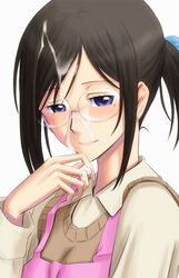 apron black_hair blue_eyes blush bonnie_(rsg) cum cum_in_hands cum_on_glasses cum_on_hair facial female glasses kobato. long_sleeves looking_at_viewer mole mole_under_eye nose_blush okiura_sayaka pink_apron pink_lips smile solo upper_body vest white_background