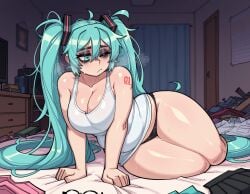 1girls ai_generated alternate_costume cleavage female femcel hatsune_miku no_pants on_bed shewwwhore vocaloid white_shirt