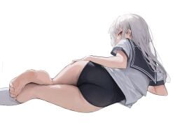 ass gray_hair kneehighs leviathan_(hikinito0902) long_hair oc red_eyes school_swimsuit school_uniform socks swimsuit teasing