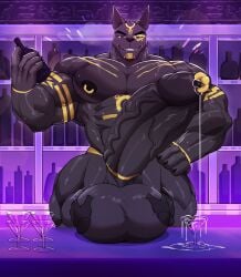 abs anatake anthro anubian_jackal anubis areola balls biceps big_balls big_muscles big_penis black_areola black_balls black_body black_eyebrows black_glans black_nipples black_nose black_penis blush bodily_fluids boner bottle bulge canid canine canis cocktail_glass container cup deity digital_media_(artwork) disembodied_hand drinking_glass dripping egyptian egyptian_mythology erection excessive_genital_fluids excessive_precum eyebrows fingers genital_fluids genital_piercing genitals glans glans_piercing glass glass_container glass_cup gold_(metal) gold_jewelry gold_markings hand_on_balls hand_on_hip hi_res holding_bottle holding_container holding_object huge_balls huge_cock humanoid_genitalia humanoid_penis inside jackal jewelry looking_at_viewer male male_only mammal markings middle_eastern_mythology muscular muscular_anthro muscular_male mythology nipple_piercing nipples nude pecs penis penis_piercing piercing precum precum_drip precum_string prince_albert_piercing purple_eyes ring_piercing smile smiling_at_viewer standing sweat teeth vein veiny_penis wolfblack2543 wolfblack43