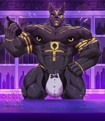 abs anatake anthro anubian_jackal anubis areola biceps big_muscles black_areola black_body black_bottomwear black_clothing black_eyebrows black_nipples black_nose bottle bottomwear bulge canid canine canis clothing cocktail_glass container cup deity digital_media_(artwork) drinking_glass egyptian egyptian_mythology eyebrows fingers flaccid glass glass_container glass_cup gold_(metal) gold_jewelry gold_markings hand_on_hip hi_res holding_bottle holding_container holding_object inside jackal jewelry looking_at_viewer male male_only mammal markings middle_eastern_mythology muscular muscular_anthro muscular_male mythology nipple_piercing nipples pecs piercing purple_eyes smile smiling_at_viewer solo solo_male standing teeth wolfblack2543 wolfblack43
