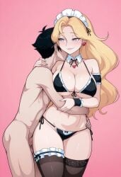 1boy ai_generated blonde_female blonde_hair cartoon derpixon female female_focus female_only femdom hugging hugging_another maid maid_dress maid_outfit maid_uniform male seductive seductive_eyes seductive_look seductive_pose seductive_smile sexy unseen_male_face valentine_(derpixon)