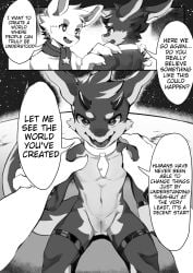 2_horns absurd_res alanisawolf777 animal_genitalia anthro canid canine canis cherub_(alanisawolf777) comic dialogue domestic_dog dragon duo english_text genital_slit genitals hand_on_shoulder hi_res horn male male/male mammal monochrome mostly_nude mythological_creature mythological_scalie mythology nude open_mouth scalie scarf scarf_only sitting star_eyes text third-party_edit