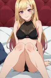 ai_generated bangs bare_shoulders black_bra black_panties blonde_hair bow bra breasts collarbone couch earrings eyebrows_visible_through_hair female jewelry long_hair medium_breasts panties pillow sitting smile solo underwear