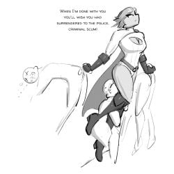1080p 1girls 2d 3boys ballbusting balls boots cape cbt celera_prime cleavage comic_book_character crying dominant_female english_text female femdom flying grabbing_balls greyscale hugging_legs human human_only leotard lifted_by_penis lifting_person male medium_hair mediumres monochrome no_color power_girl submissive_male superheroine testicles text white_background