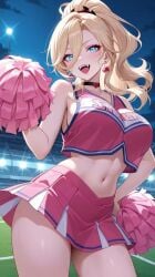 1girls ai_generated bangs bare_shoulders belly_button big_breasts blonde_female blonde_hair blonde_hair blonde_hair_female blue_eyes breasts busty cheerleader cheerleader_outfit cheerleader_uniform choker commentary_request earrings eyeshadow fangs female female_focus female_only girly hair_between_eyes hand_on_hip happy lia_the_busty_redhead lipstick long_hair looking_at_viewer makeup midriff miniskirt navel night original original_character outdoors outside pale-skinned_female pale_skin pink_clothing pom_poms ponytail sassy self_upload sideboob skirt solo solo_female solo_focus standing tagme thighs topwear vampire vampire_girl wavy_hair