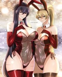 2girls behemoth_violate big_ass black_hair blonde_hair blue_eyes breast_size_difference bunny_ears bunnysuit cleavage crane_yuzuriha duo female female_only gloves hand_on_breast huge_breasts ingridd88 large_breasts latex_gloves long_hair panties ponytail purple_eyes saint_seiya saint_seiya:_the_lost_canvas scars silver_saints size_difference smile smirk specters thighhighs thong wide_hips